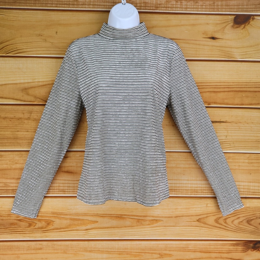 Nine West Long Sleeve Shirt Womens Size M White Gray Striped Polyester Mock Neck